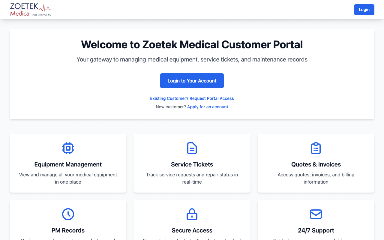 Zoetek Medical Customer Portal showing equipment management, service tickets, and quotes